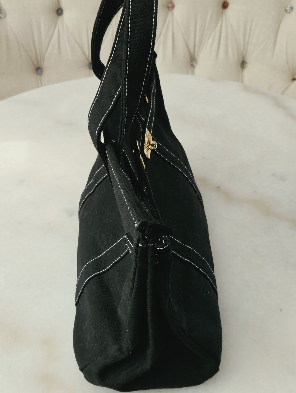 Black Canvas Boatkin Tote With White Stitching And Gold Hardware - Picture 13 of 16
